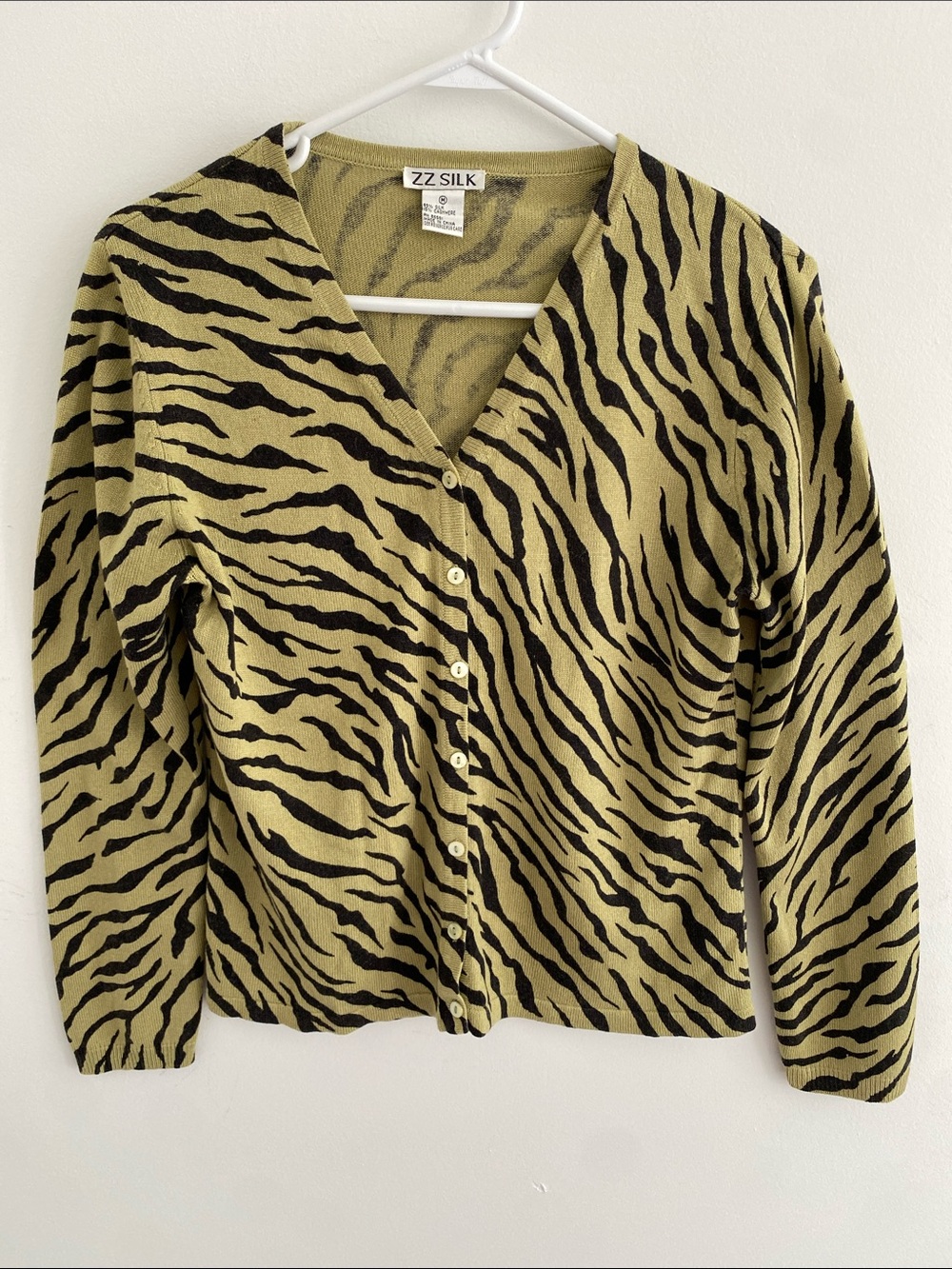 ZZ Silk Silk Cashmere Blend Zebra L/S Button Cardigan V Neck Olive Black Medium